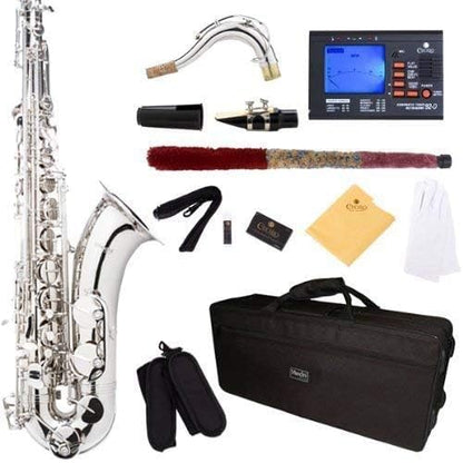 Mendini By Cecilio Tenor Saxophone - B Flat Saxophone for Beginner Musicians with Hard Case, Tuner, Mouthpiece, 10 Reeds, Polishing Cloth, Cleaning Rod, Gloves, Strap (Silver Nickel) — view 9