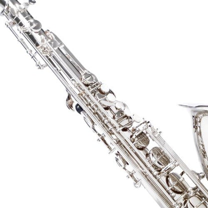 Mendini By Cecilio Tenor Saxophone - B Flat Saxophone for Beginner Musicians with Hard Case, Tuner, Mouthpiece, 10 Reeds, Polishing Cloth, Cleaning Rod, Gloves, Strap (Silver Nickel) — view 4
