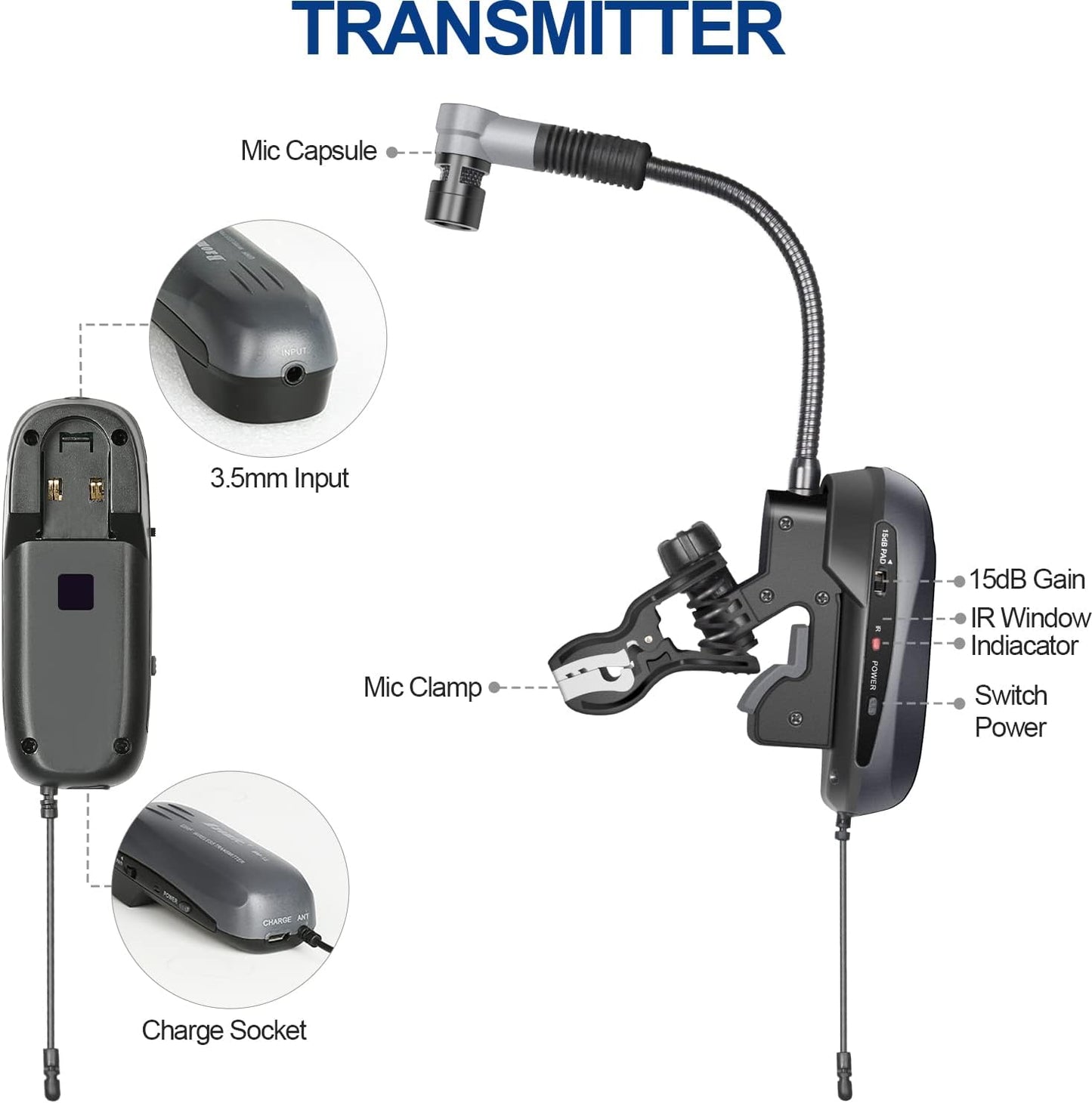 Saxophone Microphone Wireless Condenser Gooseneck Live and Recording System Clip-on Sax Mic for Brass Instruments (D-333T — view 6