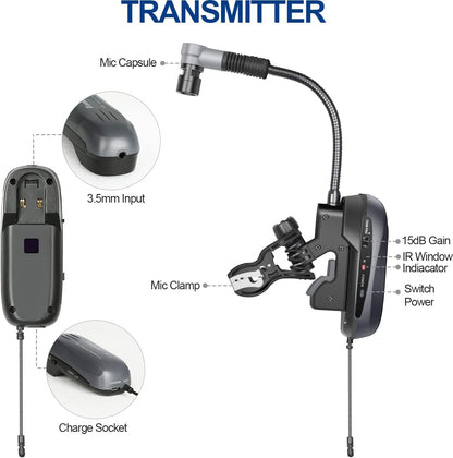 Saxophone Microphone Wireless Condenser Gooseneck Live and Recording System Clip-on Sax Mic for Brass Instruments (D-333T — view 6