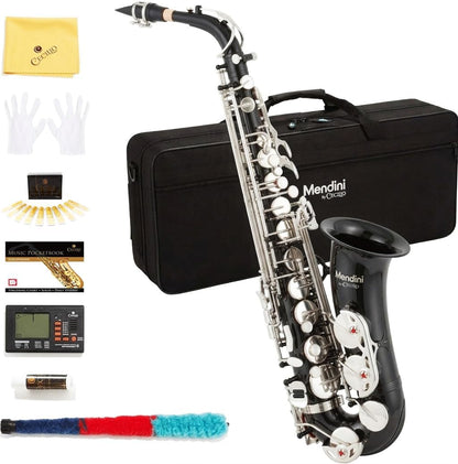 Mendini By Cecilio Alto Saxophone for Beginners with Tuner, Mouthpiece, Case, 10 Reeds, Grease, Cleaning Cloth & Rod, Gloves, Strap, Book (Black Silver)