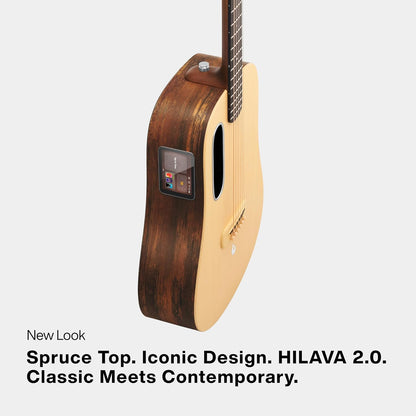 LAVA ME 4 Solid Spruce Top Series,HILAVA 2.0 Smart Acoustics Electric Guitars,right handed,with 3.5 inch TouchScreen,FreeBoost 2.0, Ideal Bag, Woodgrain Brown/Burlywood,36 inch — view 3
