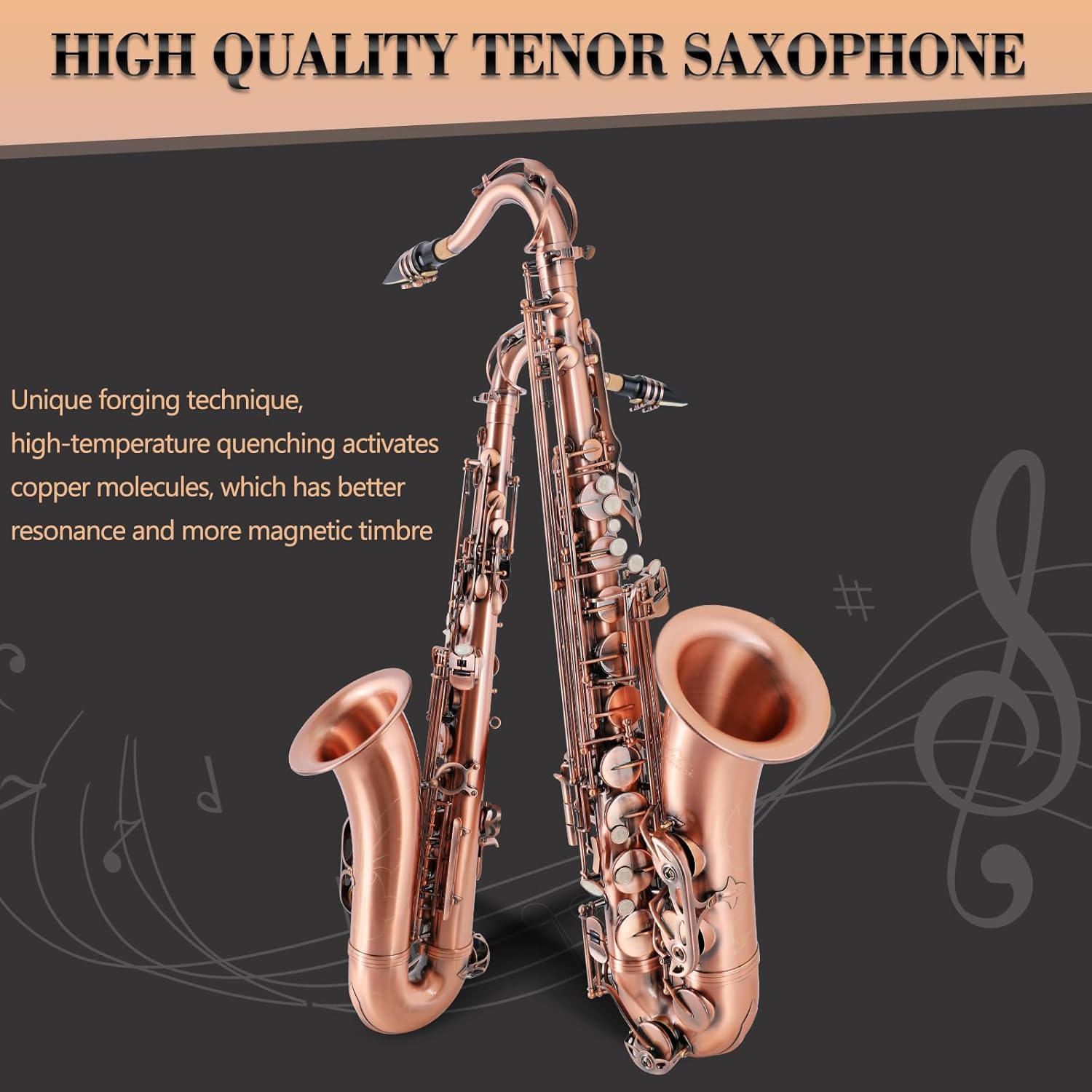 Tenor Saxophone Red Antique Copper B Flat Tenor Sax Professional Tenor Saxophone for Beginners Students and Musicians with Carrying Case,Mouthpiece,Reeds,Cleaning Kit,Neck Strap — view 2