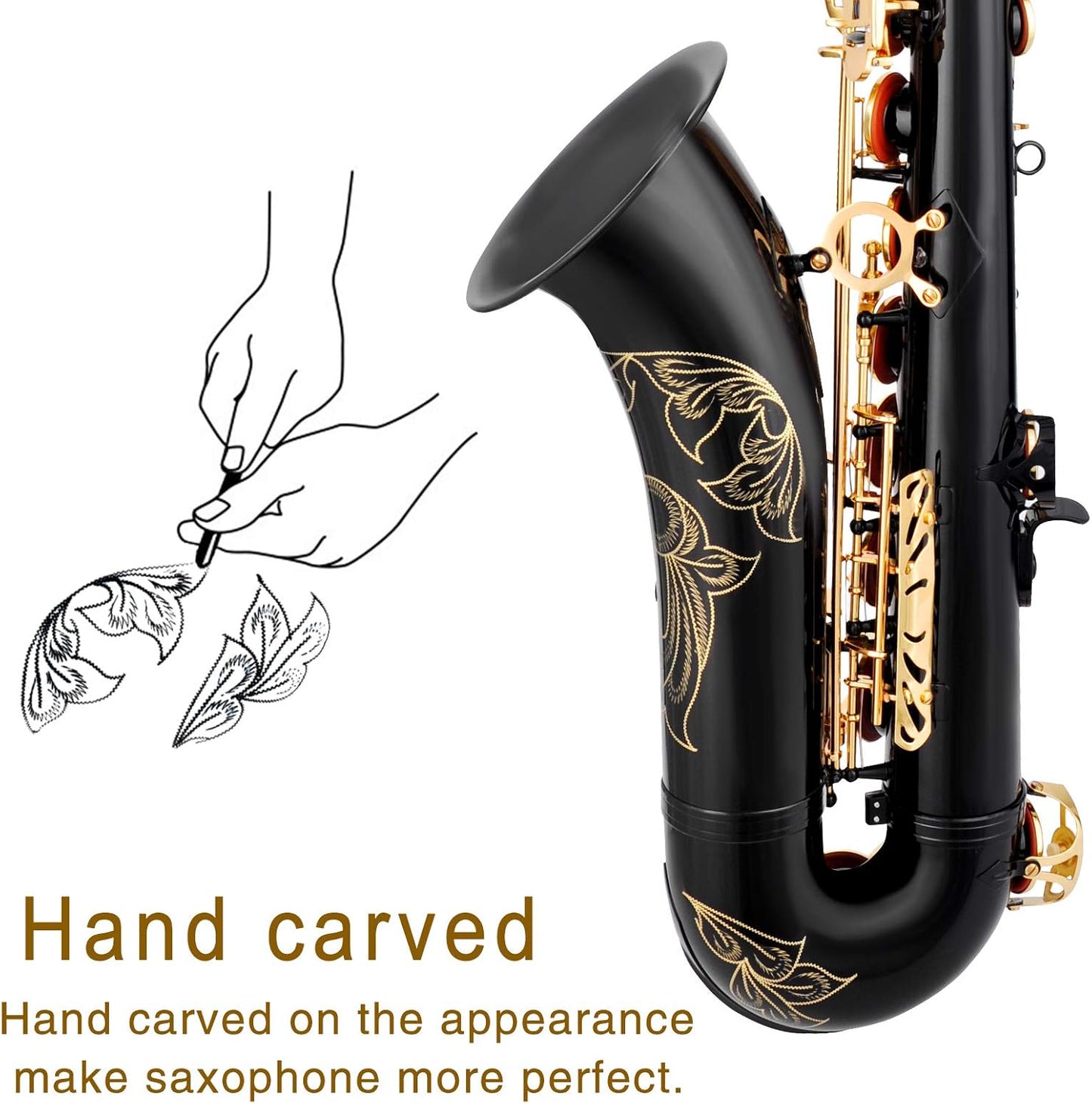 Tenor Saxophone Black/Golden B Flat Tenor Sax Professional Tenor Saxophone for Beginners Students and Musicians with Carrying Case,Mouthpiece,Reeds,Cushion Pads,Cleaning Kit,Neck Strap — view 2