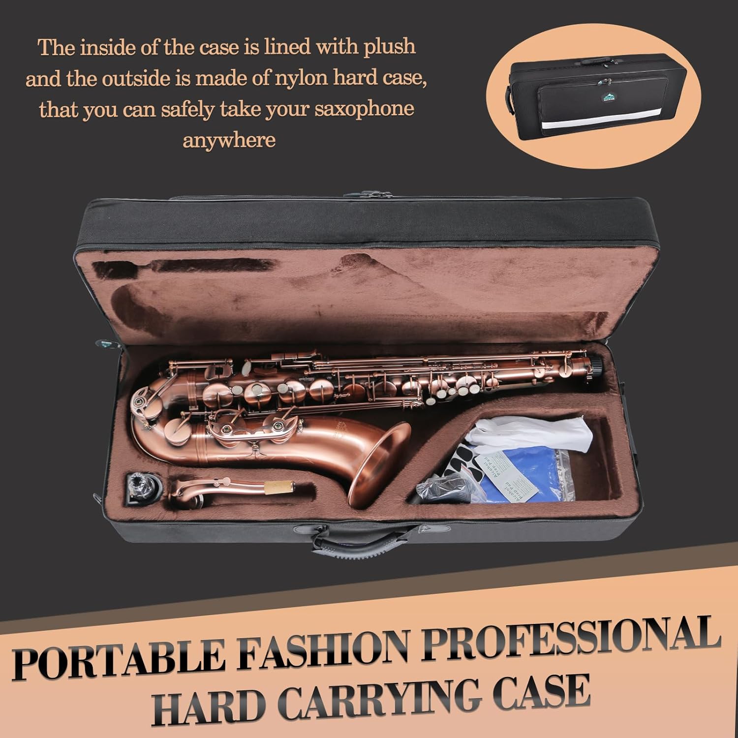 Tenor Saxophone Red Antique Copper B Flat Tenor Sax Professional Tenor Saxophone for Beginners Students and Musicians with Carrying Case,Mouthpiece,Reeds,Cleaning Kit,Neck Strap — view 6