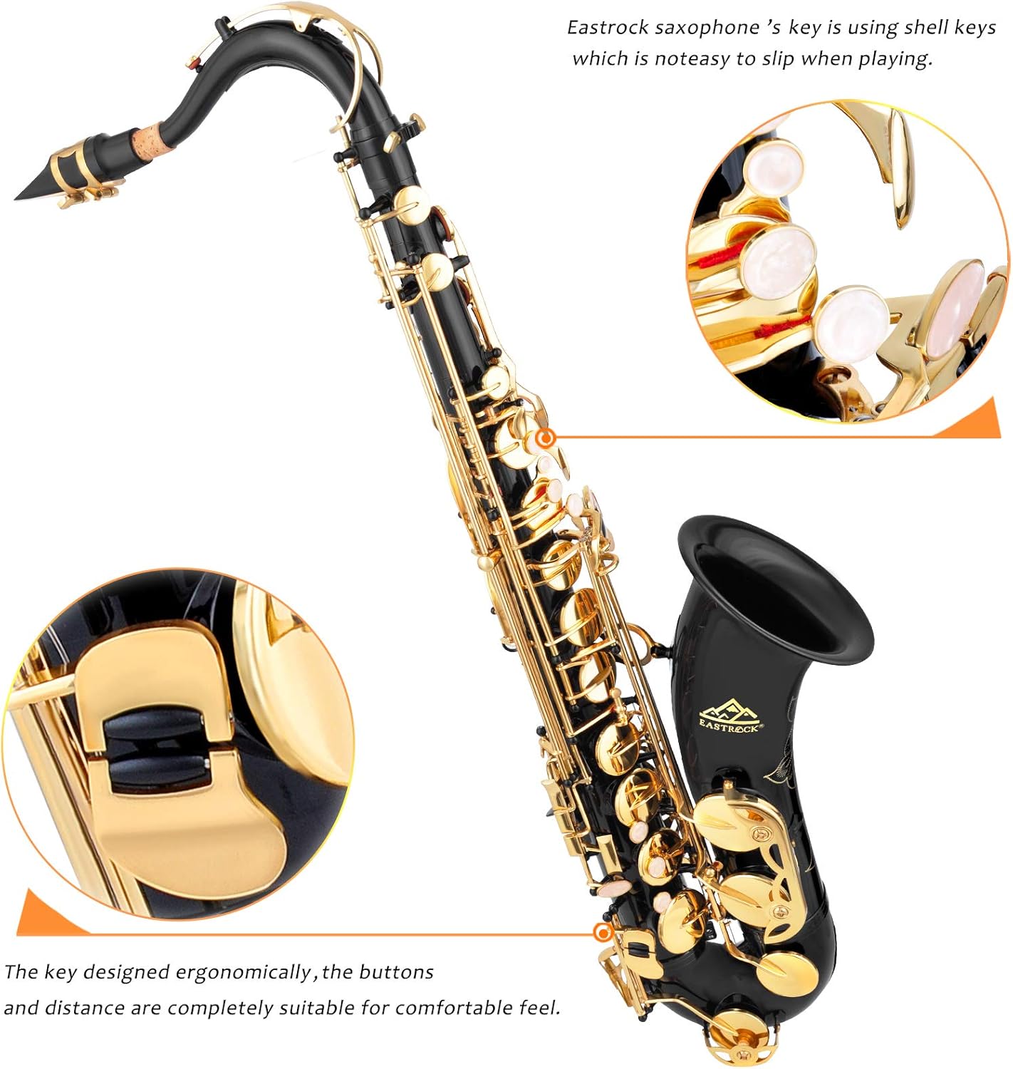 Tenor Saxophone Black/Golden B Flat Tenor Sax Professional Tenor Saxophone for Beginners Students and Musicians with Carrying Case,Mouthpiece,Reeds,Cushion Pads,Cleaning Kit,Neck Strap — view 4