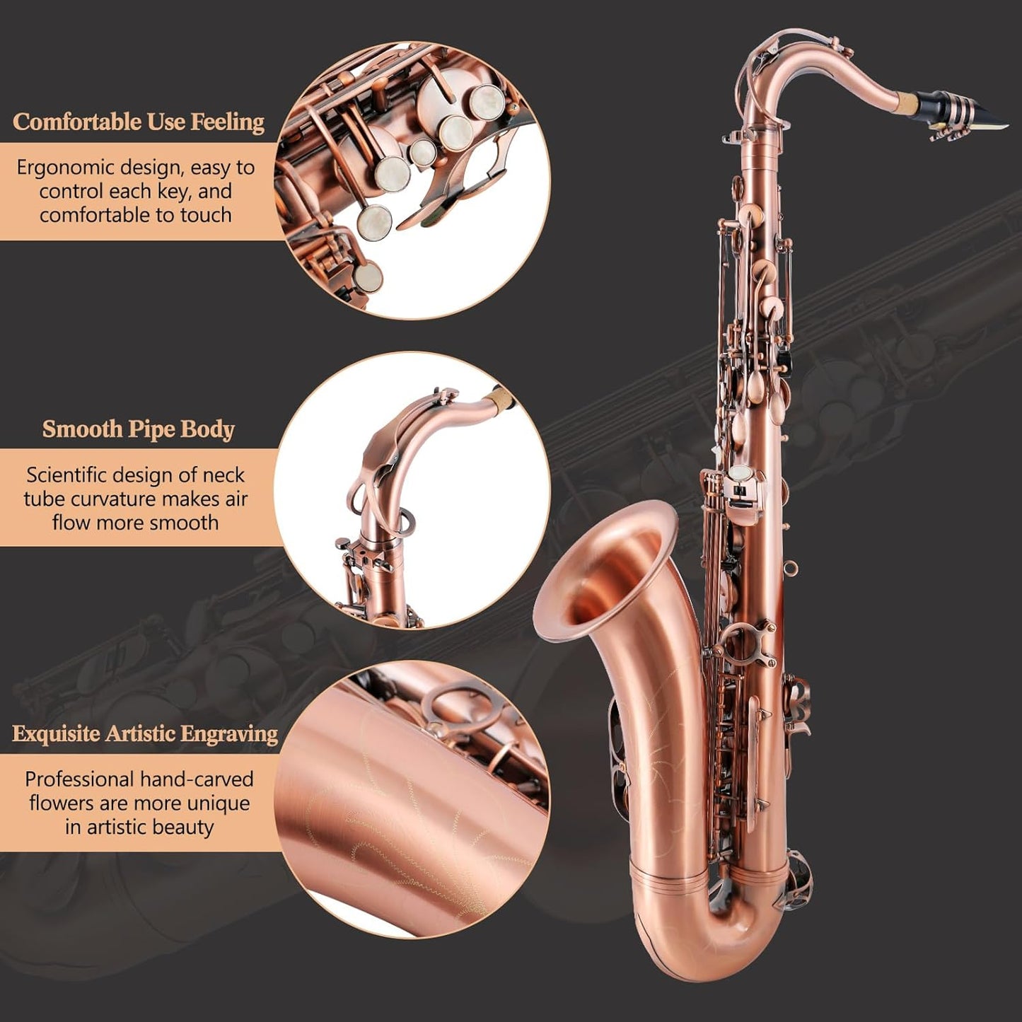Tenor Saxophone Red Antique Copper B Flat Tenor Sax Professional Tenor Saxophone for Beginners Students and Musicians with Carrying Case,Mouthpiece,Reeds,Cleaning Kit,Neck Strap — view 4