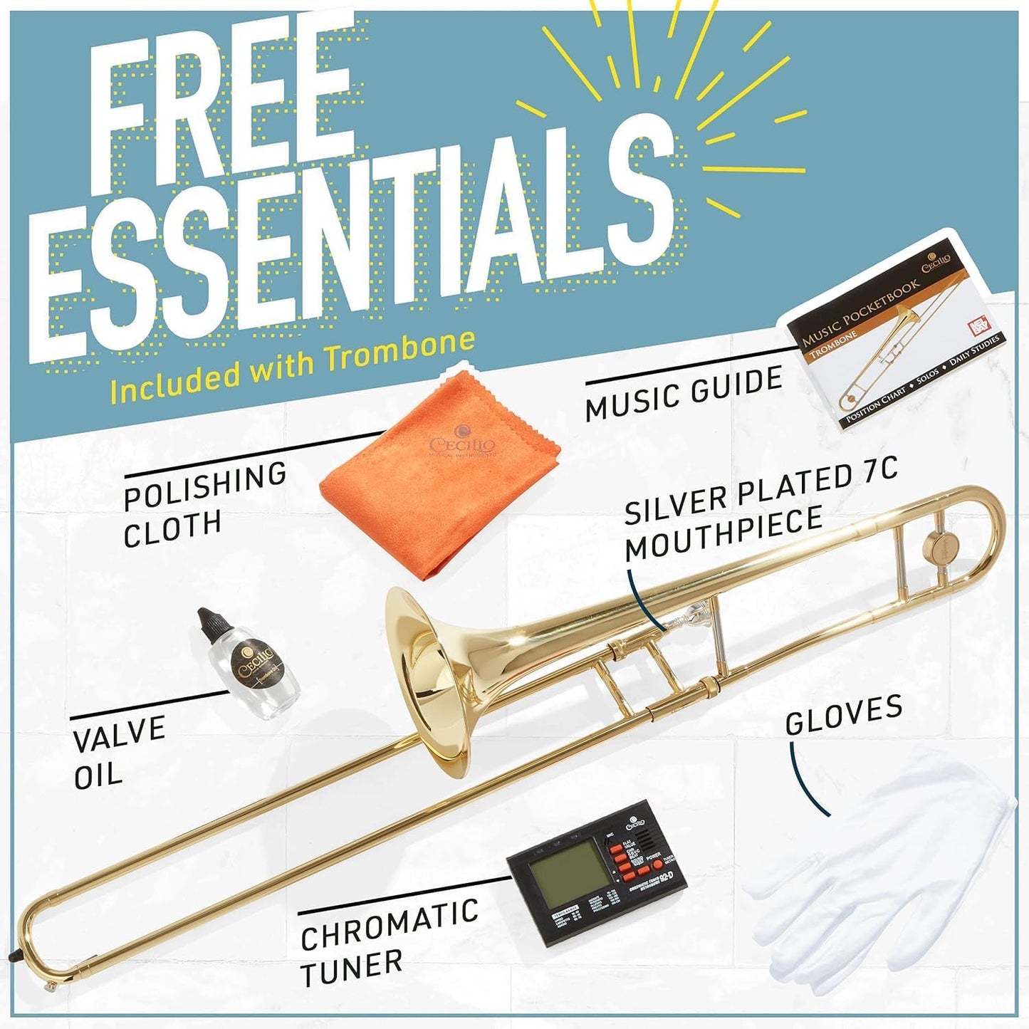 Mendini by Cecilio Bb Tenor Slide Trombone for Beginners - B Flat Brass Plated Trombone Instrument with Tuner, Music Book, Hard Case, Mouthpiece, Cleaning Kit & Gloves (Gold) — view 7