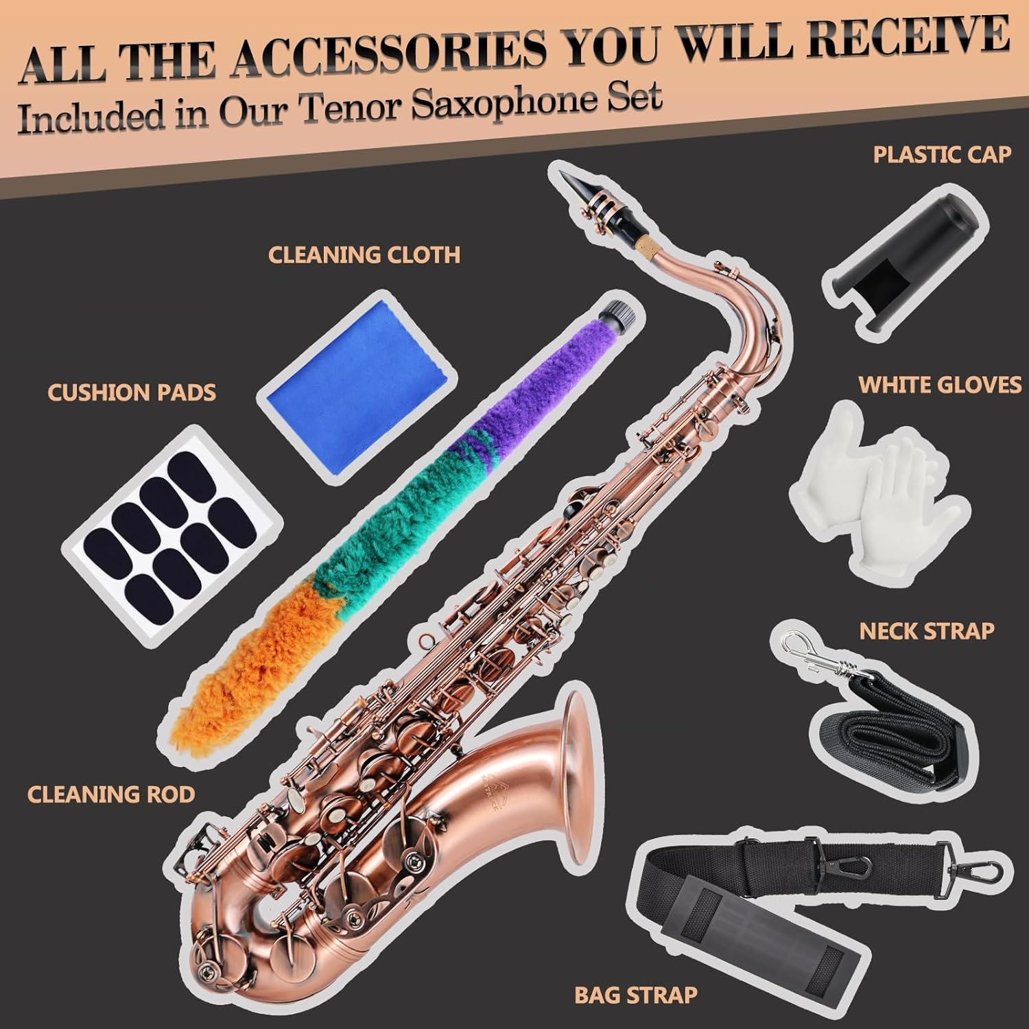Tenor Saxophone Red Antique Copper B Flat Tenor Sax Professional Tenor Saxophone for Beginners Students and Musicians with Carrying Case,Mouthpiece,Reeds,Cleaning Kit,Neck Strap — view 5