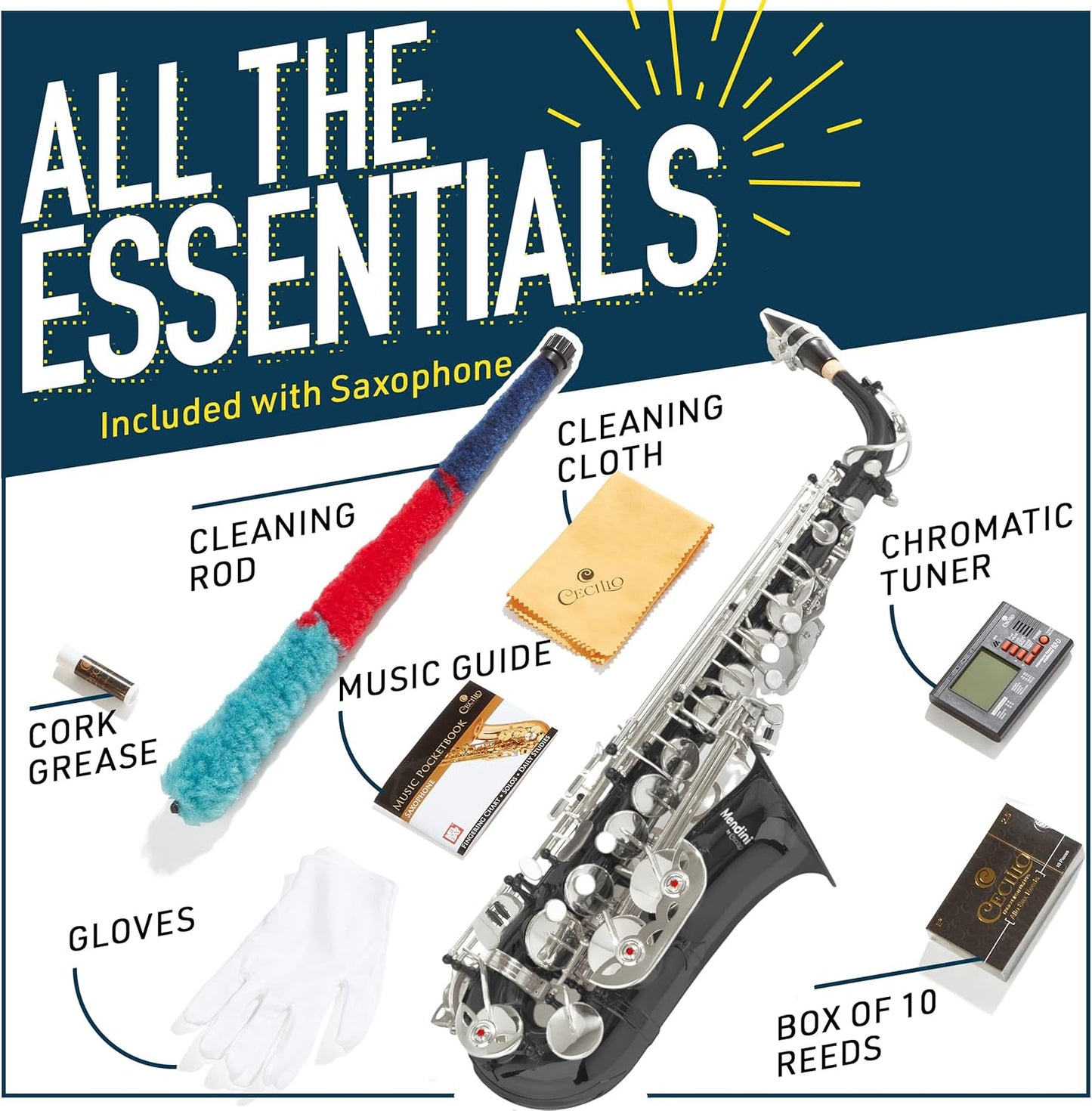 Mendini By Cecilio Alto Saxophone for Beginners with Tuner, Mouthpiece, Case, 10 Reeds, Grease, Cleaning Cloth & Rod, Gloves, Strap, Book (Black Silver) — view 8