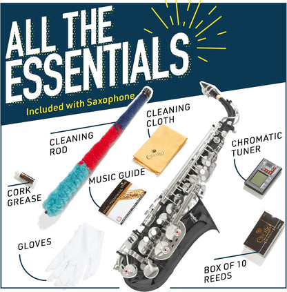 Mendini By Cecilio Alto Saxophone for Beginners with Tuner, Mouthpiece, Case, 10 Reeds, Grease, Cleaning Cloth & Rod, Gloves, Strap, Book (Black Silver) — view 8