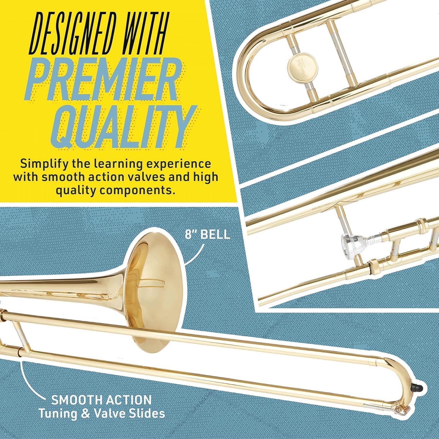Mendini by Cecilio Bb Tenor Slide Trombone for Beginners - B Flat Brass Plated Trombone Instrument with Tuner, Music Book, Hard Case, Mouthpiece, Cleaning Kit & Gloves (Gold) — view 2