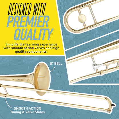 Mendini by Cecilio Bb Tenor Slide Trombone for Beginners - B Flat Brass Plated Trombone Instrument with Tuner, Music Book, Hard Case, Mouthpiece, Cleaning Kit & Gloves (Gold) — view 2