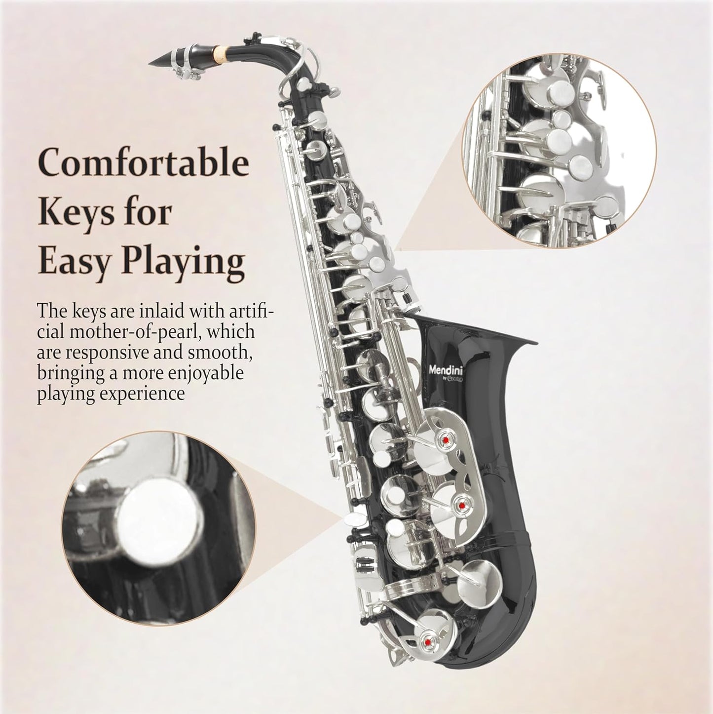 Mendini By Cecilio Alto Saxophone for Beginners with Tuner, Mouthpiece, Case, 10 Reeds, Grease, Cleaning Cloth & Rod, Gloves, Strap, Book (Black Silver) — view 3