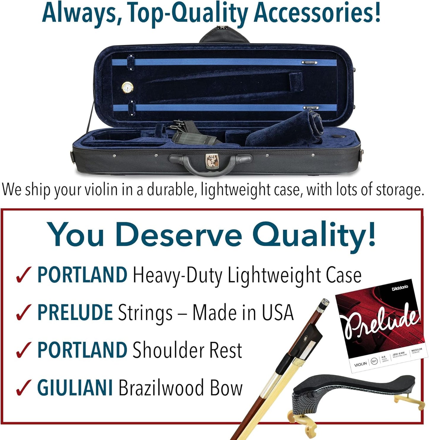 Antonio Giuliani Primo Violin Full Size (4/4) Bundle By Kennedy Violins - Carrying Case and Accessories Included - Solid Maple Wood and Ebony Fittings — view 9