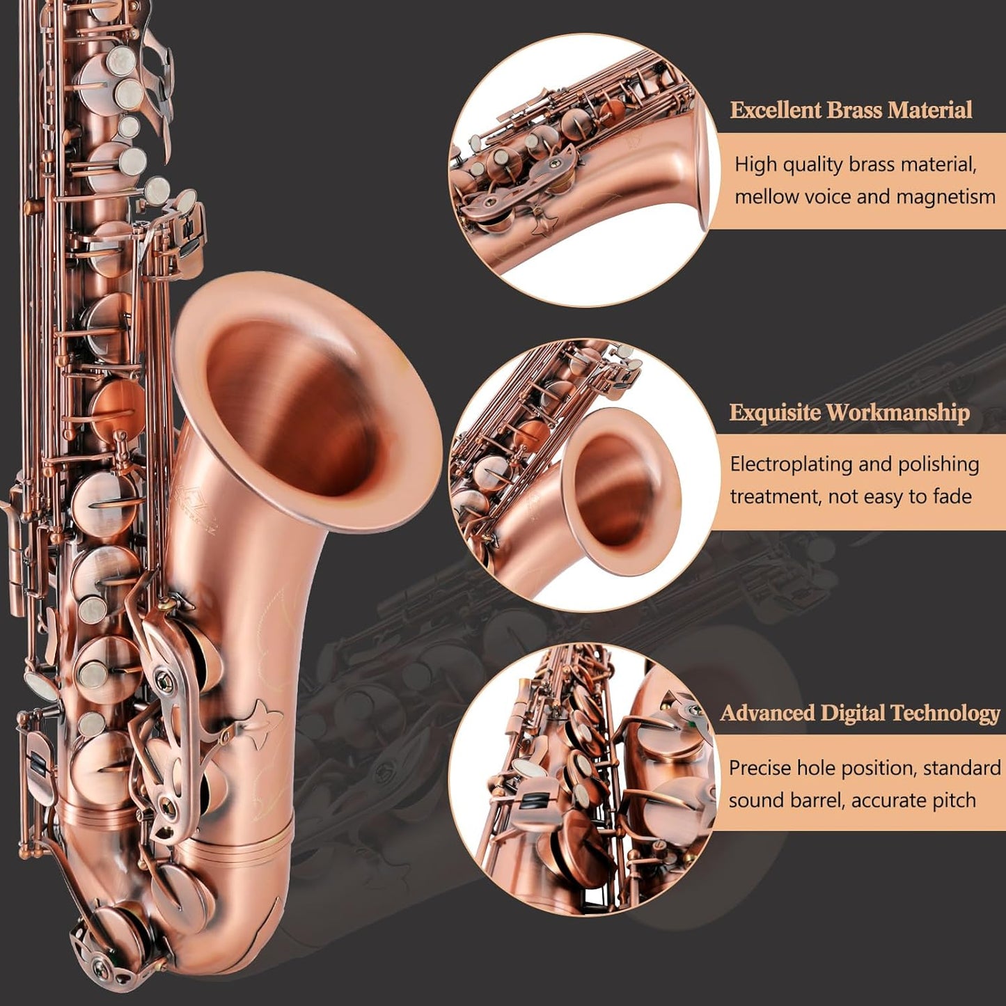 Tenor Saxophone Red Antique Copper B Flat Tenor Sax Professional Tenor Saxophone for Beginners Students and Musicians with Carrying Case,Mouthpiece,Reeds,Cleaning Kit,Neck Strap — view 3