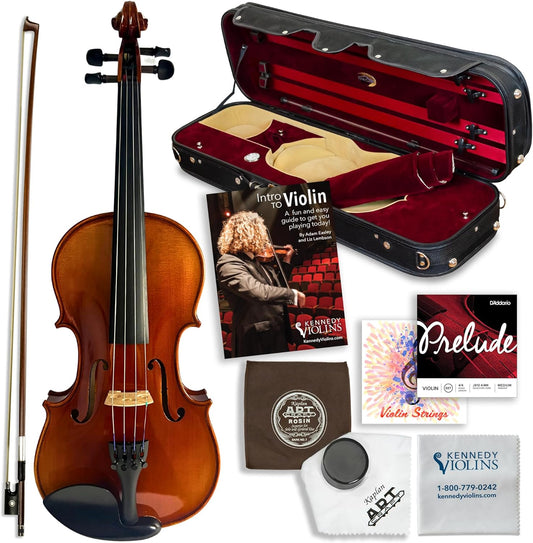 Antonio Giuliani Primo Violin Full Size (4/4) Bundle By Kennedy Violins - Carrying Case and Accessories Included - Solid Maple Wood and Ebony Fittings