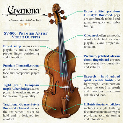 Cremona SV-800 4/4 Premier Artist Violin Outfit – Bow & Case Included, Hand-Carved Tonewoods, Hill-Style Fittings, Thomastik Dominant Strings — view 4