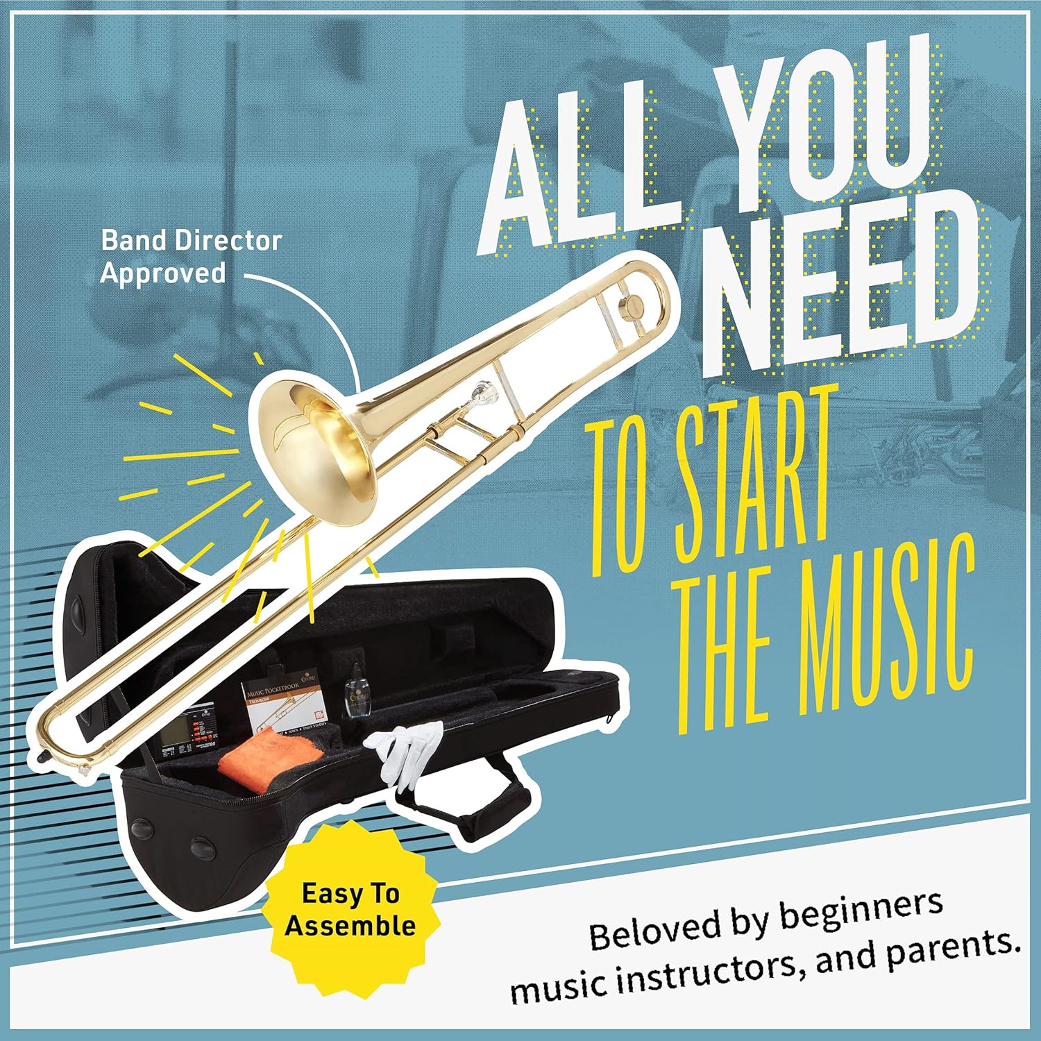 Mendini by Cecilio Bb Tenor Slide Trombone for Beginners - B Flat Brass Plated Trombone Instrument with Tuner, Music Book, Hard Case, Mouthpiece, Cleaning Kit & Gloves (Gold) — view 6